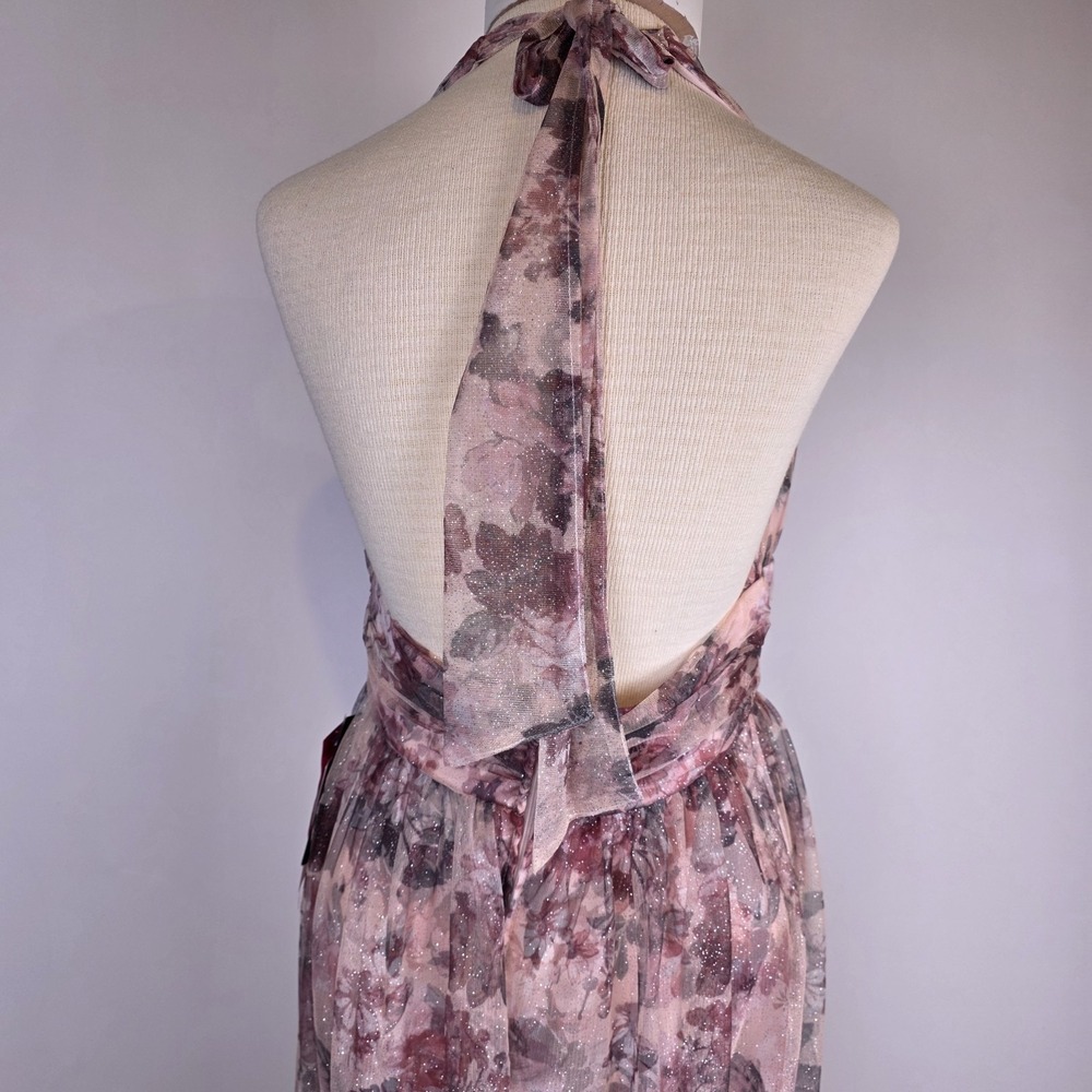 NEW City Vibe Maxi Dress 11 Pink Floral Halter Plunge Neck Glitter Sparkle Tulle - Picture 5 of 11